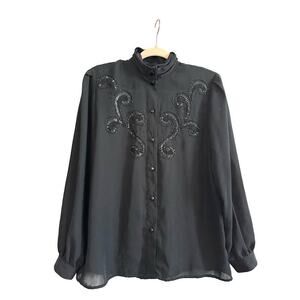 LAURA & JAYNE Black Semi-Sheer Sequin Beaded Chiffon Button Sleeve Blouse 13